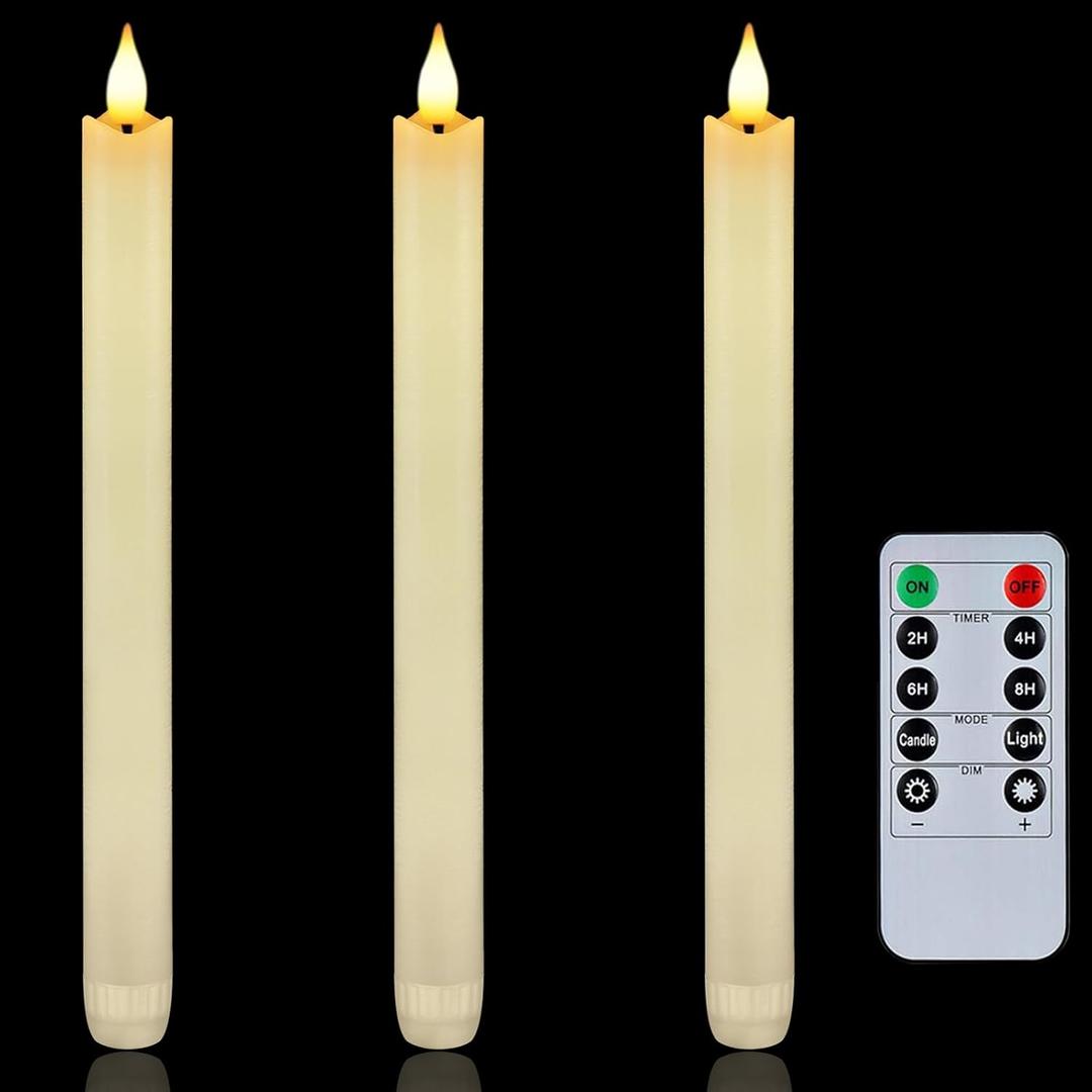 Homemory 3 Pcs Waxy Flameless Taper Candles with Remote, Flickering Battery Operated Taper Candles, Led Flameless Candlesticks Classic Tall Candle for Home, Wedding, Party, Ivory, 9.6 inches