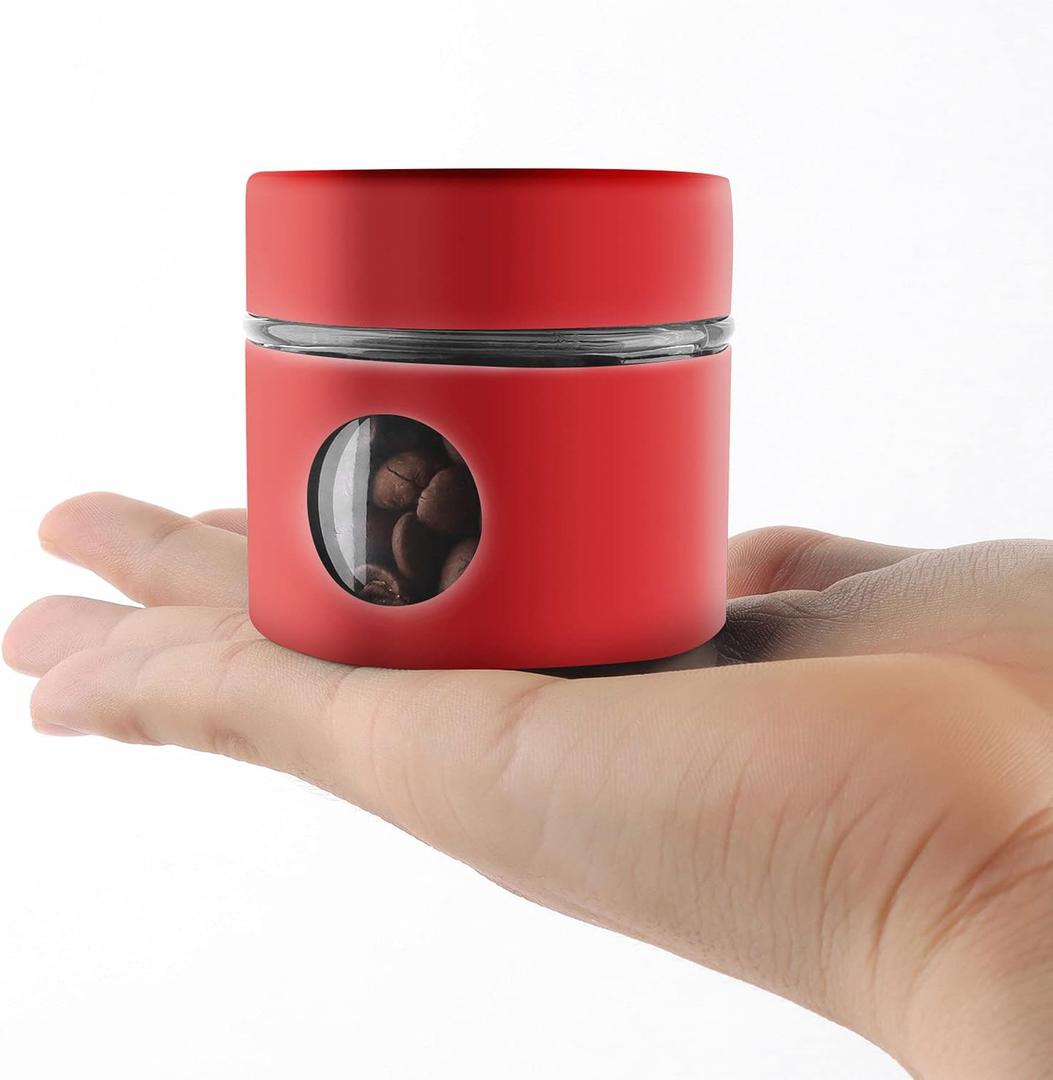 Coffee Canister Travel Jar, Mini Airtight Stainless Steel and Glass Food Storage Container Great for Coffee Bean and Coffee Grounds - Red, 1.4 oz