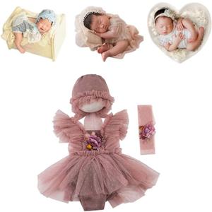 2 x Newborn Photography Props Baby Girls Outfits,Baby Photo Props Soft Lace Headdress Bodysuits Set