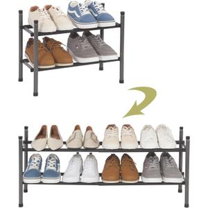 2 Tier Shoe Rack, Expandable Shoe Storage Organizer Rack For Closet, Stackable Shoe Rack for Entryway, Adjustable Small Shoe Rack for Cabinet, Front Door Entrance, Small Space, Garage (Black)