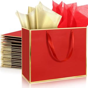 ReliThick 12 Pack Metallic Paper Gift Bag with Handles and Tissue Paper 11.8 x 10 x 4'' Thank You Favor Bag for Graduation Mother's Day Wedding Bridesmaid Groomsman 5 Senses Gifts (Red,Gold)