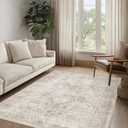 FMFUNCTEX 4x6 Washable Area Rug Neutral Vintage Beige Non Slip Low Pile Traditional Indoor Carpet for Living Room Bedroom Soft Retro Floral Mat Throw Rug for Dining Office Kitchen Dorm Entryway