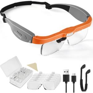 Magnifying Glass with Light Hands Free, Rechargeable Magnifying Glasses Headset with 5 Detachable Lenses Magnifier for Close Work, Reading, Jewelry Making Crafts (Orange & Gray)