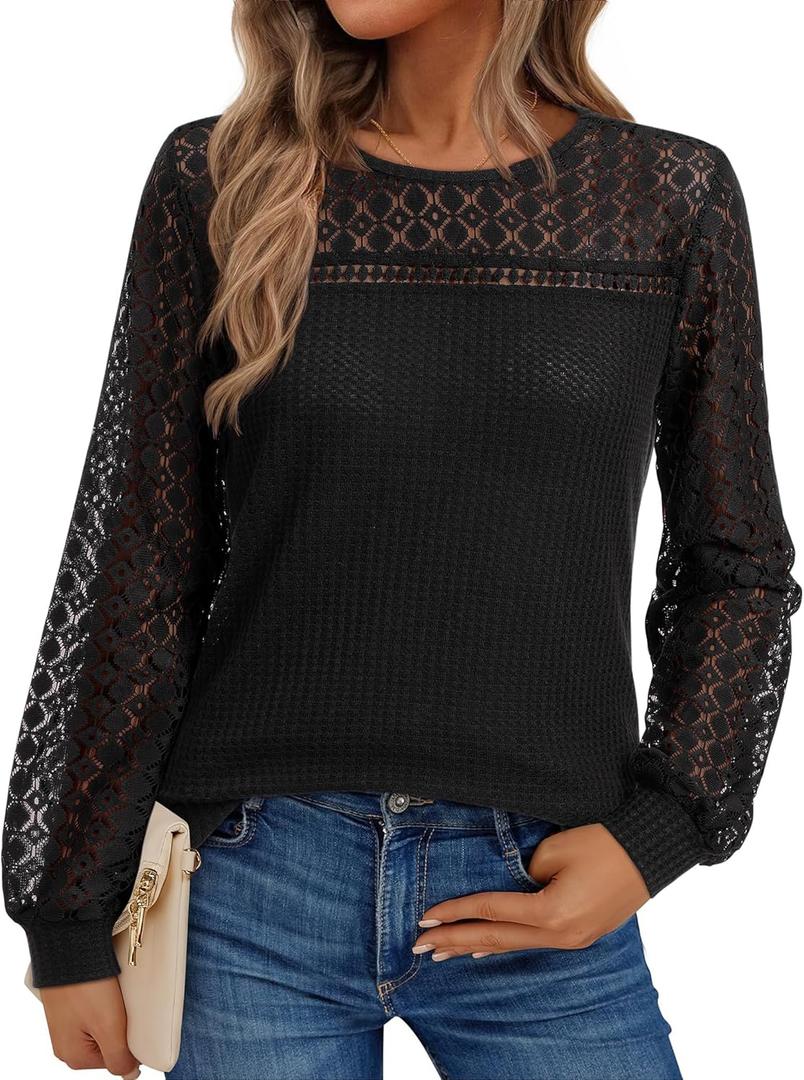 siliteelon Black Blouses for Women Dressy Casual Lace Long Sleeve Shirts Waffle Knit Tops Spring 2026 Trendy Night Out Top XX-Large