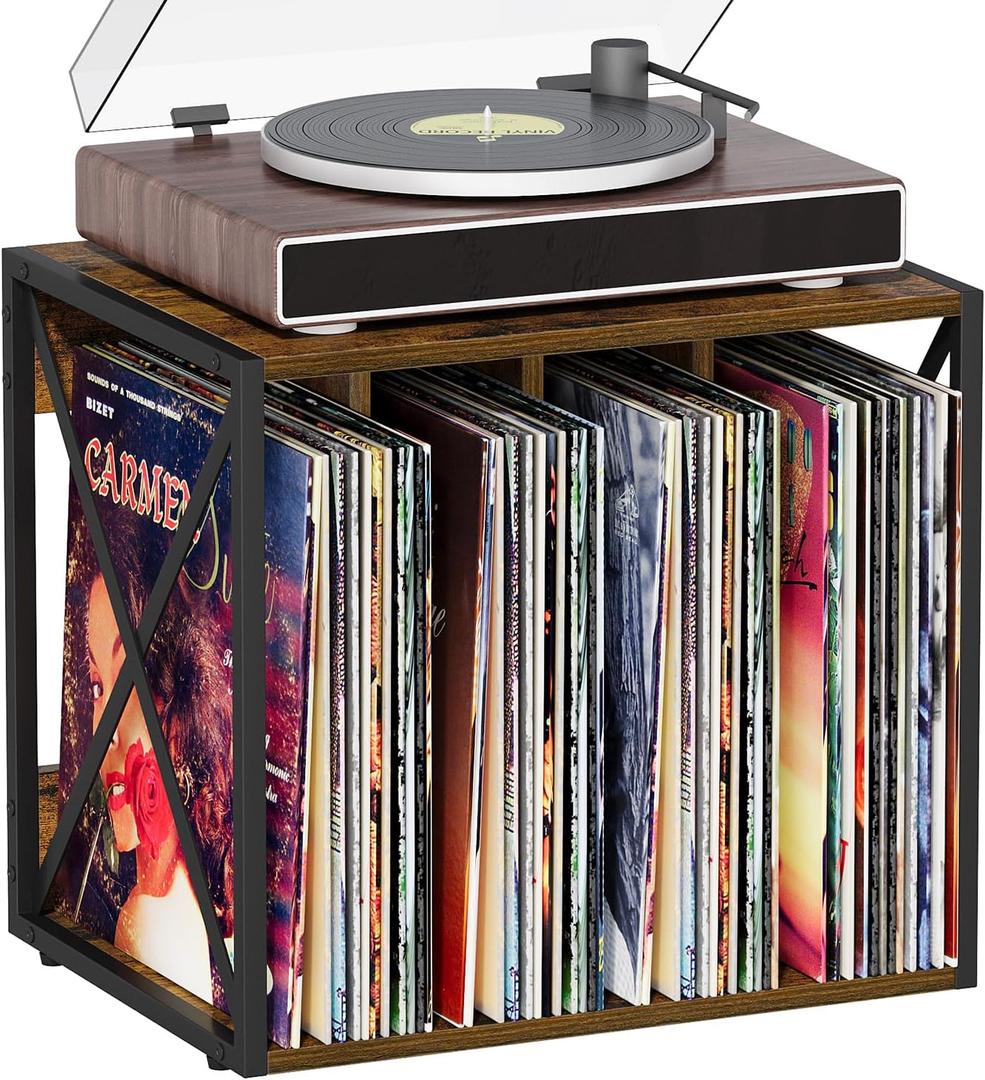 Vinyl Record Storage,Vinyl Record Holder Up to 80-100 Albums,4-Compartment Record Player Stand for Magazine,Book,CD,Files,Albums (12.2"D x 16.14"W x 14.3"H, Brown)