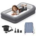 Inflatable Toddler Travel Bed, Portable Kids Air Mattress with Soft Bed Sheet, Toddler Air Mattress with Surround Safety Bumpers, Ideal for Home Use or Travel, Includes Pump and Carry Bag (Gray-white)