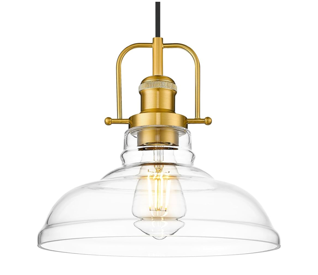 FEMILA 11" Gold Pendant Light Fixture, Vintage Pendant Lighting with Clear Glass Shade for Kitchen Island, Adjustable Hanging Light, Brushed Gold Pendant Lights, 4FY09-MP BG