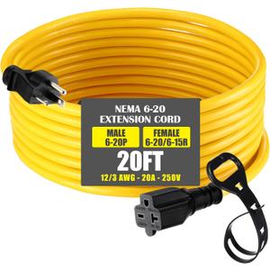 20 ft Nema 6-20 Extension Cord, Nema 6-20p Male Plug to 6-20r/6-15r Female Receptacle, 20 Amp T-Blade Outlet Extension Power Cord with Waterproof Sockets, Heavy Duty 12/3 Awg, 250v, 5000w