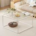Coffee Table Glass, Minimalist Square Tables for Living Room, Modern Center Table for Office or Small Space, Sturdy Metal Frame, Easy Assembly, 26.4 x 26.4 x 15.7 Inches, White