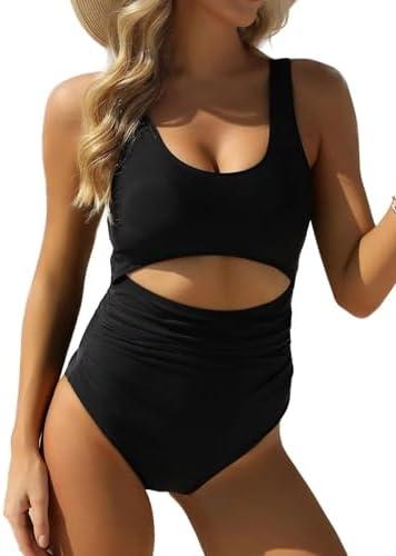 VIMPUNEC Women Tummy Control One Piece Swimsuit High Waisted Bathing Suit Cut Out Swimwear, Black, L