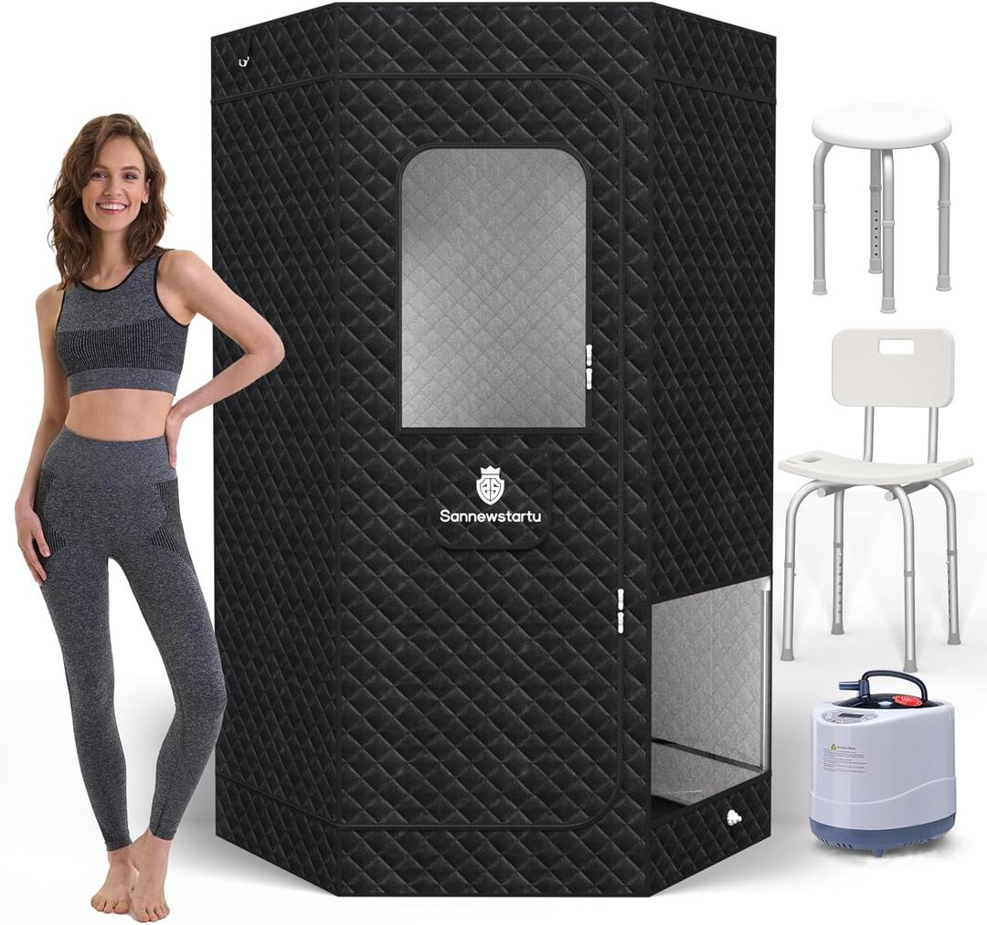 2 People Portable Sauna Box with 2 Shower Chairs, Heavy Oxford Cotton Steam Sauna, Full Body Sauna for Home, 4L & 1600W Steam Generator, 16 Levels, Remote Control, 6 Feet High