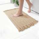 Waffle Bath Mat, Super Absorbent Waffle Bathroom Rug with Tassels, Non Slip Bath Mats for Bathroom Floor, Ultra Soft Boho Bath Mat, Quick Dry Shower Mat, Machine Washable, 18"30", Khaki