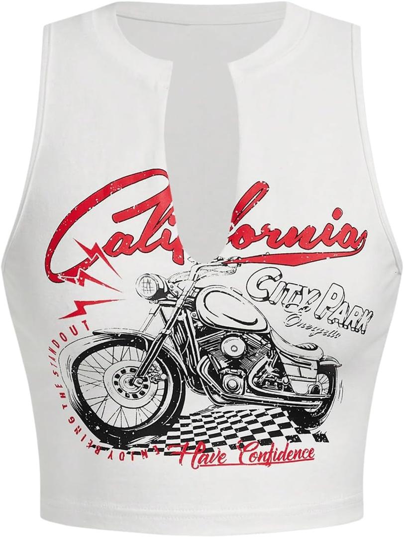 SOLY HUX Women's Letter Graphic Tank Top Notched V Neck Sleeveless Summer Crop Tops Streetwear (Medium, White Motorcycle)