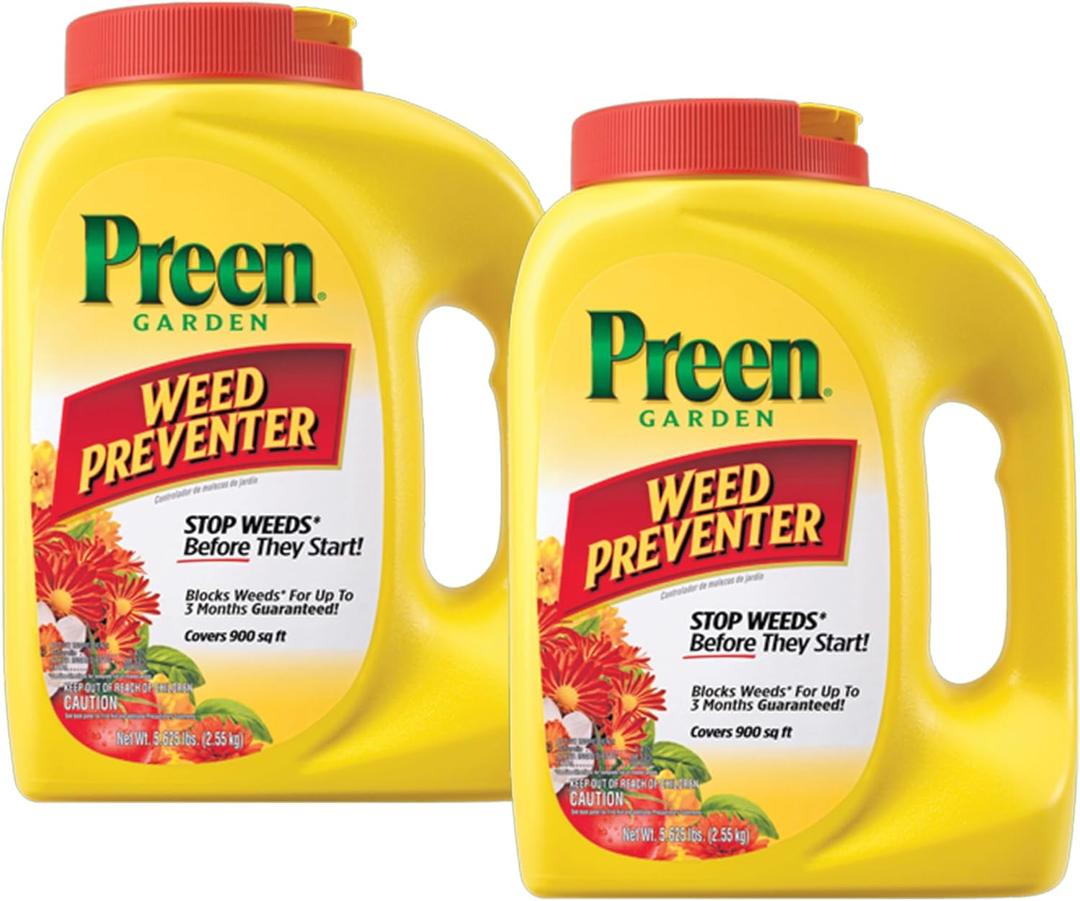 Preen Garden Weed Preventer 11.25 lb. (case Pack of 2-5.625 lb. Bottles) Covers 1,800 sq. ft. - Prevents Weeds in Garden and Landscape beds Preen Garden Weed Preventer 11.25 lb. (case Pack of 2-5.625 lb. Bottles) Covers 1,800 sq. ft. - Prevents Weeds in Garden and Landscape beds