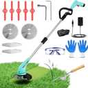 Cordless Lawn Trimmer Weed Wacker - HooSeen 12V Grass Trimmer Weed Cutter with 3 Types Blades, Hand Weeder, 2.0Ah Li-ion Battery Powered Weed Trimmer Grass Cutter for Garden and Yard (Blue)