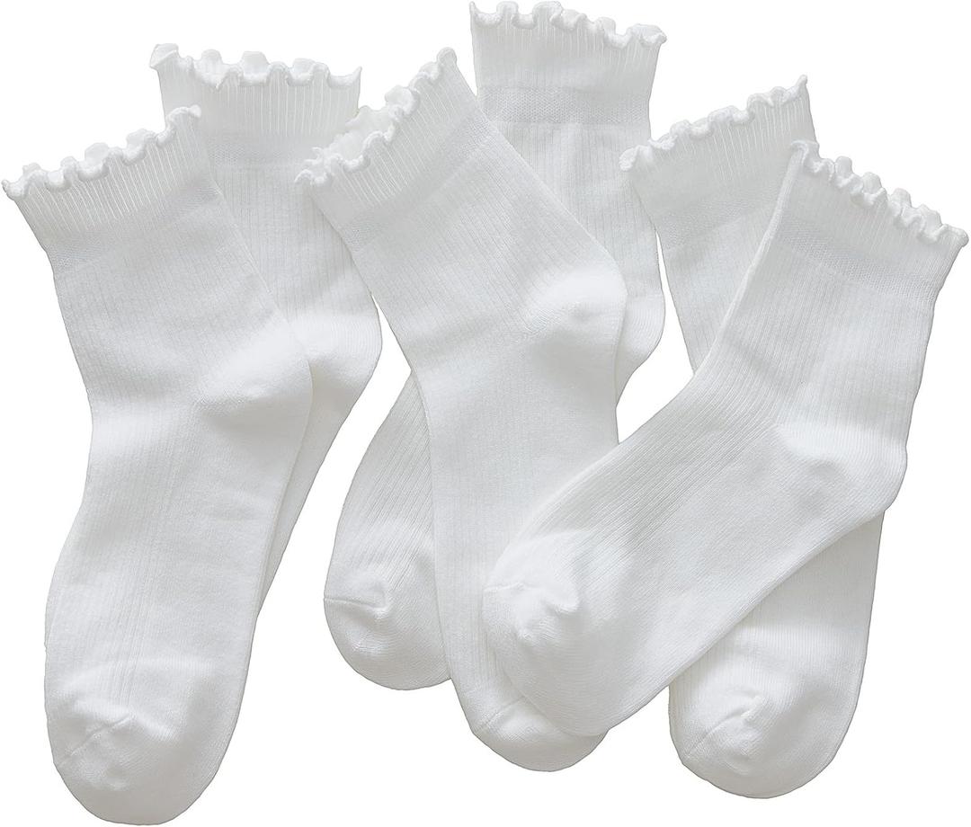 SSF&TUYS Ruffle Socks for Women  Soft Cotton Frilly Ankle Socks, Cute, Breathable & Comfy, 6 Pairs (01-white)