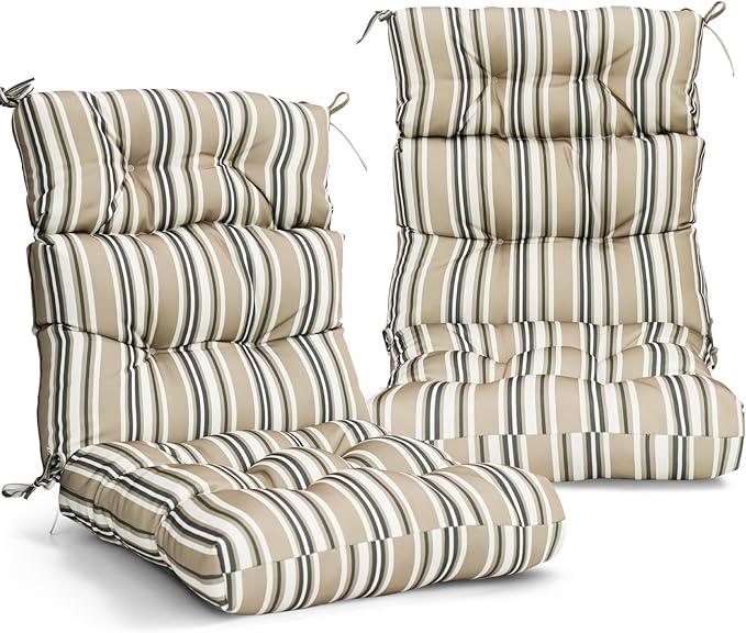 EAGLE PEAK Tufted Outdoor/Indoor High Back Patio Chair Cushions, Set of 2, 46'' x 22'', Beige Stripes