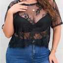 Floerns Women's Plus Size Lace Mesh Sheer Blouse Crew Neck Short Sleeve Crop Top (XL)