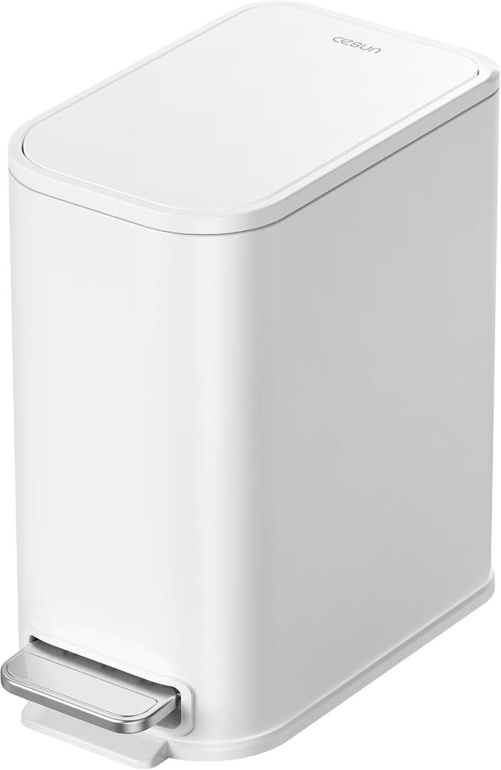Cesun Bathroom Trash Can with Lid, 1.3 Gallon Small White Garbage Can, Metal Slim Trash Bin with Foot Pedal, Waste Basket for Bathroom, Bedroom, Office, White, 5 Liters