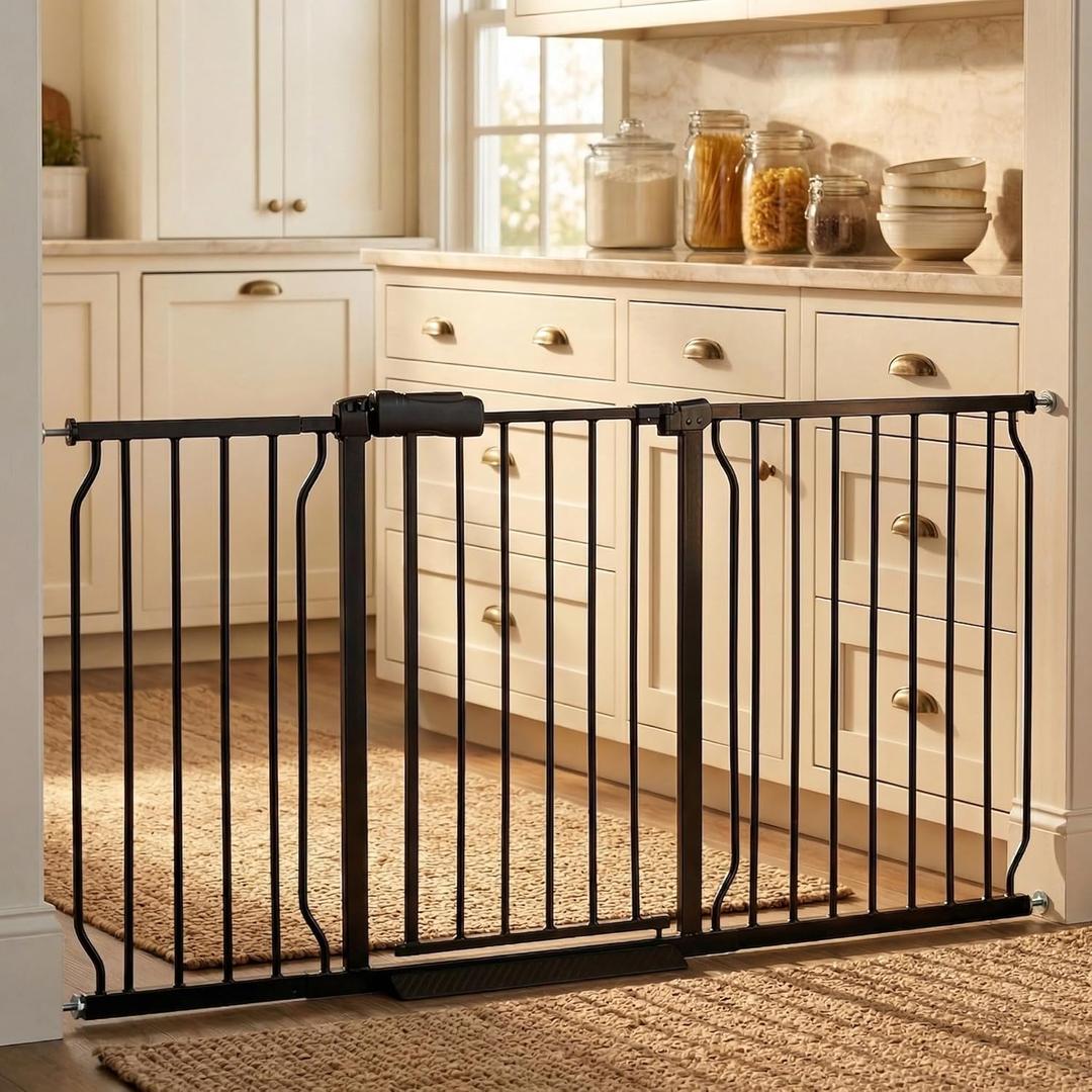 Extra Wide Baby Gates - 71.6-76.4 Inch, Black Metal Pressure Mounted Child & Pet Gates for Stairs & Doorways