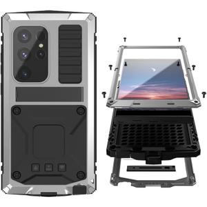Compatible with Samsung S24 Metal Bumper Silicone Case with Stand Built-in Screen Protector Gorilla Glass Hybrid Durable Military Shockproof Heavy Duty Rugged Full Body Camera Cover (Silver)