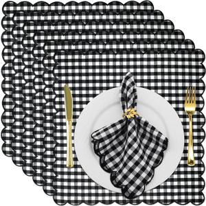 SmoothNovelty 12 Pack Buffalo Plaid Cloth Napkins 18x18 Inch Spring Checkered Cloth Napkins Scalloped Soft Cotton Table Mat Washable Reusable for Dinner Wedding Birthday Parties (Classic,Black)