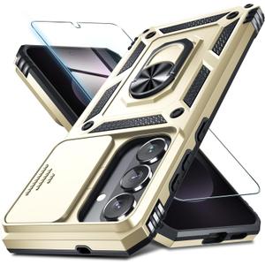 Janmitta Compatible with Samsung Galaxy S26 Case Built in Slide Camera Lens Cover+Screen Protector+Finger Ring Holder Kickstand,Heavy Duty Shockproof Full Body Phone Cover,2026 Gold