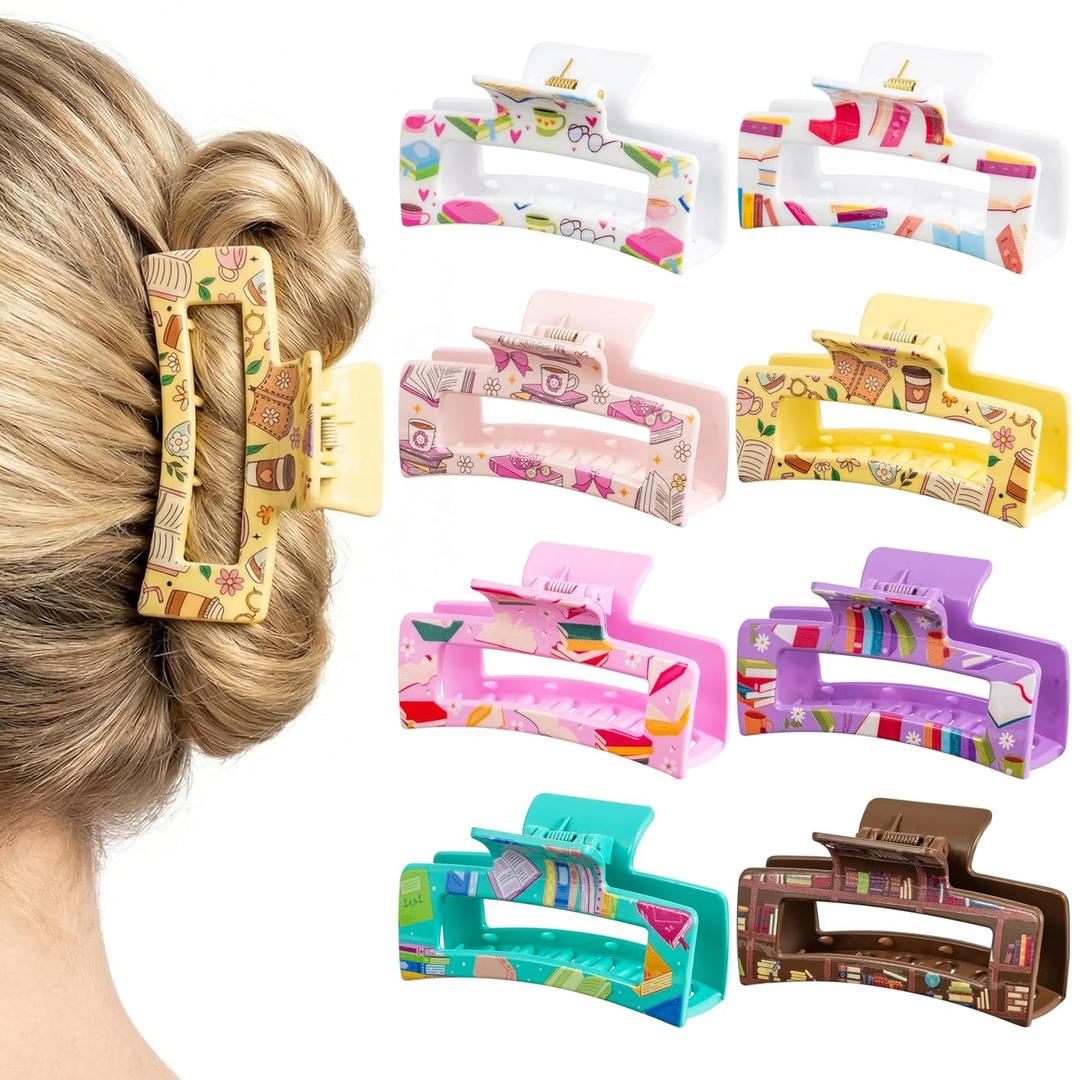 PANTIDE 8Pcs Book Hair Claw Clips for Women Girls - Back to School Bookish Reading Club Funny Rectangle Nonslip Banana Hair Clips, Thin Thick Short Long Curly Hair Accessories, Teacher Book Lover Gift