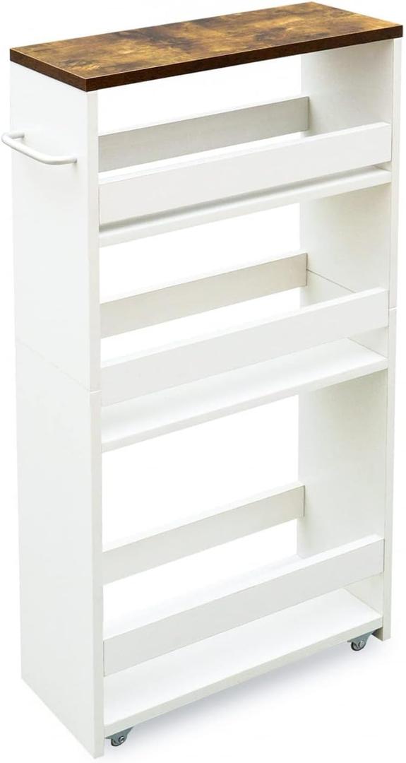 TEAMIX 4 Tier White Slim Storage Cart with Handle, Slide Out Storage Rolling Utility Cart Mobile Shelving Unit Organizer Trolley for Small Spaces Kitchen Laundry Narrow Places (5-1/2'' W)