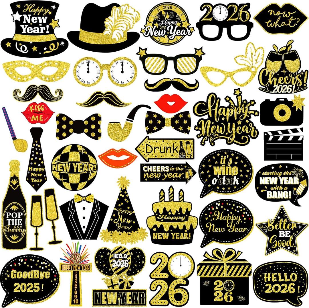42Pcs New Years Eve Photo Booth Props 2026 New Year Photo Booth Props 2026 Nye for Happy New Year 2026 Party Decorations (Black and Gold)