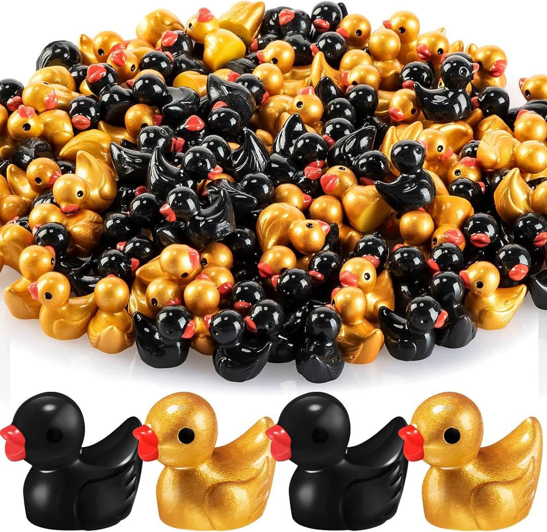150 Pcs Christmas Mini Ducks Resin Tiny Duck Xmas Little Small Figures Bulk for Xmas Party Dollhouse Aquarium Decor Micro Garden Landscape DIY Crafts(Black,Gold)