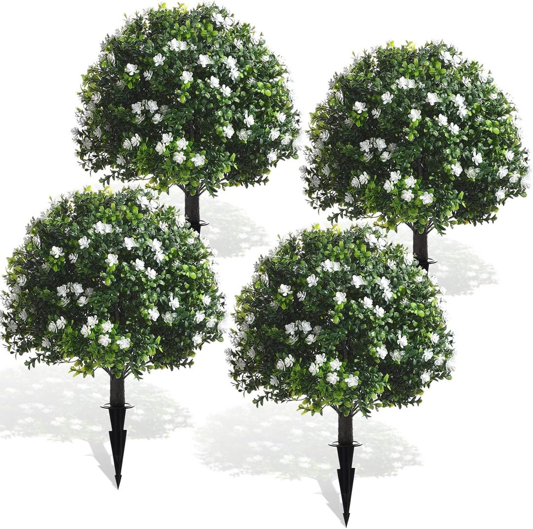 Yunlly 4 Pcs Artificial Boxwood Topiary Ball Tree 27 Inch Outdoor Boxwood Balls with Flower Faux Bush, UV Resistance Fake Shrub Plant with Spike for Garden Porch Patio Decor (White)