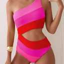 TASHEHE Women's One Shoulder One Piece Swimsuit Sexy Neon Color Block Bathing Suit Modest Full Coverage Cutout Swimwear (Pink, S)
