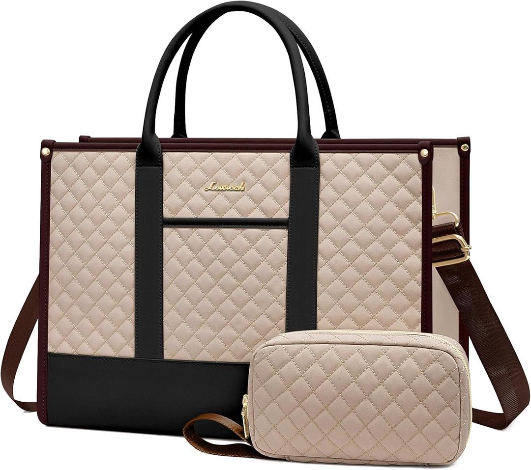 LOVEVOOK Laptop Bags for Women, 15.6 inch Waterproof Work Tote Bag with Clutch, Professional Teacher Computer Purse Lightweight Shoulder Bag Travel, Apricot Chocolate Black