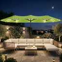 15FT Large Outdoor Patio Umbrella with Solar Lights and Base, Double-Sided Table Umbrellas with 48 LED Lights, Rectangle Market Umbrella for Pool, Deck, Backyard