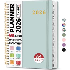 2026 Planner 8.5" x 11", Weekly and Monthly Calendar Planner Book, January 2026 - December 2026, Hardcover Spiral Planner with Monthly Tabs, Notes Pages, Perfect for Women & Men, A4 - Grey Blue