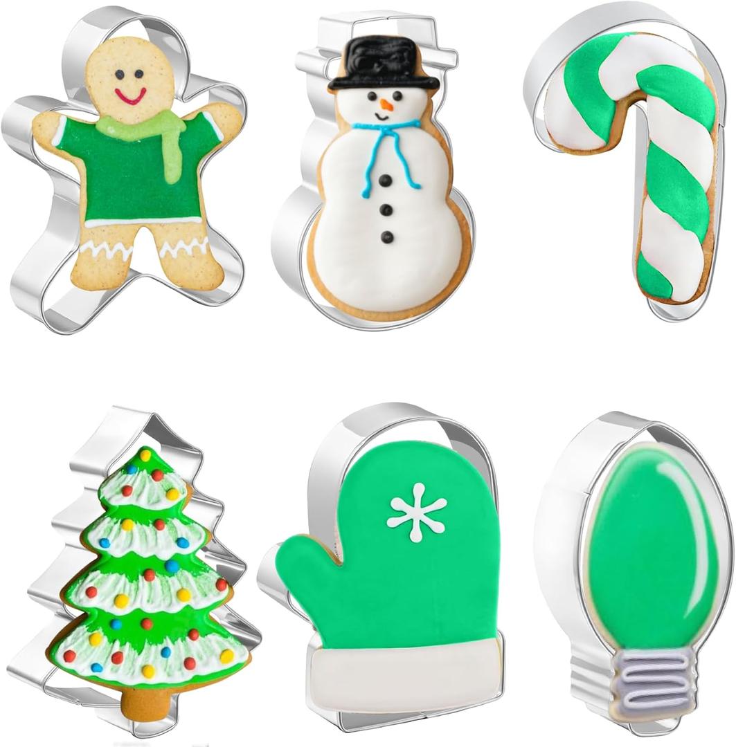 Christmas Cookie Cutters 6 PCS, 4'', Gingerbread Man, Christmas Tree, Snowman, Light Bulb, Mitten