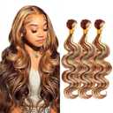 P30/613 Hilight Brown Bundles Human Hair Body Wave Bundles 26 28 30 Inch Blonde Body Wave Bundles Unprocessed Brazilian Virgin Hair Deals Quick Weave Hair Extensions 3 Bundle 100 Gram Per Bundle