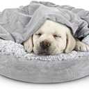 JOEJOY Small Dog Bed Cat Bed with Hooded Blanket, Cozy Cuddler Luxury Puppy Pet Bed, Donut Round Calming Anti-Anxiety Dog Burrow Cave Bed - Anti-Slip Bottom and Machine Washable 23 inch