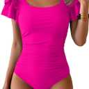 Eomenie Women's Tummy Control One Piece Swimsuit Ruffle Square Neck Bathing Suit Ruched Cutout Back Slimming Swimwear (Large, Hot Pink)
