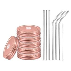 uxcell 13pcs Stainless Steel Mason Jar Lids with Straw Hole, 70mm Metal Canning Lid Mason Storage Covers Caps with Silicone Ring/ Straws/ Cleaning Brush Rose Gold