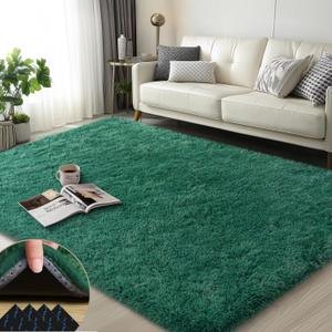 3x5 Rugs for Bedroom, Fluffy Dark Green Area Rugs for Living Room, Soft Shag Kids Rug Small Carpet with 4 Non-Slip Rug Pads (3ft x 5ft, Dark Green)