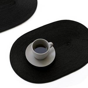 FunWheat Oval Braided Placemats Set of 8 Table Mats for Dining Tables Washable Heat Resistant Place Mats for Indoor Outdoor Use 12 x17.5 Inch(Oval Black, 8pcs)