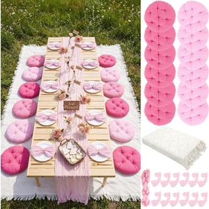 Beeveer 71x150'' Extra Large Outdoor Picnic Blanket with Pink Table Runner 12 Napkins and 12 Pink Floor Pillow Cushions for Picnic Party Camping Wedding Bachelorette Birthday Baby Shower Decor