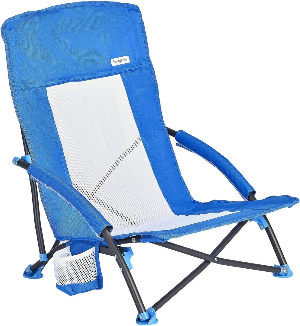SUNNYFEEL Folding Low Camping Beach Chair 2 Pack, Lightweight Portable Lawn Chair with Mesh Back, Cup Holder for Outdoor/Travel/Picnic/Concert, Foldable Camp Backpack Chairs with Carry Bag