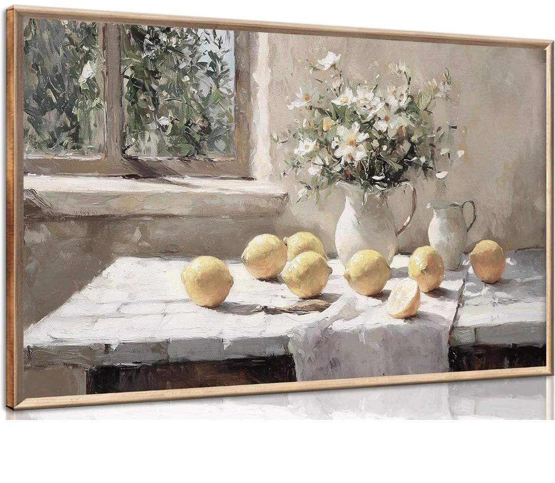XXOUYLQ Vintage Kitchen Wall Art Yellow Lemon Still Life Pictures Daisy oil Painting Poster Rustic Farmhouse Artwork Posters White vase Canvas Bedroom Bathroom Wall Decor Kitchen Prints frame 16x32in