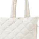 Puffer Tote Bag for Women, Quilted Bag with Zipper, Small Tote HandBags for Work, Travel (Medium-beige)