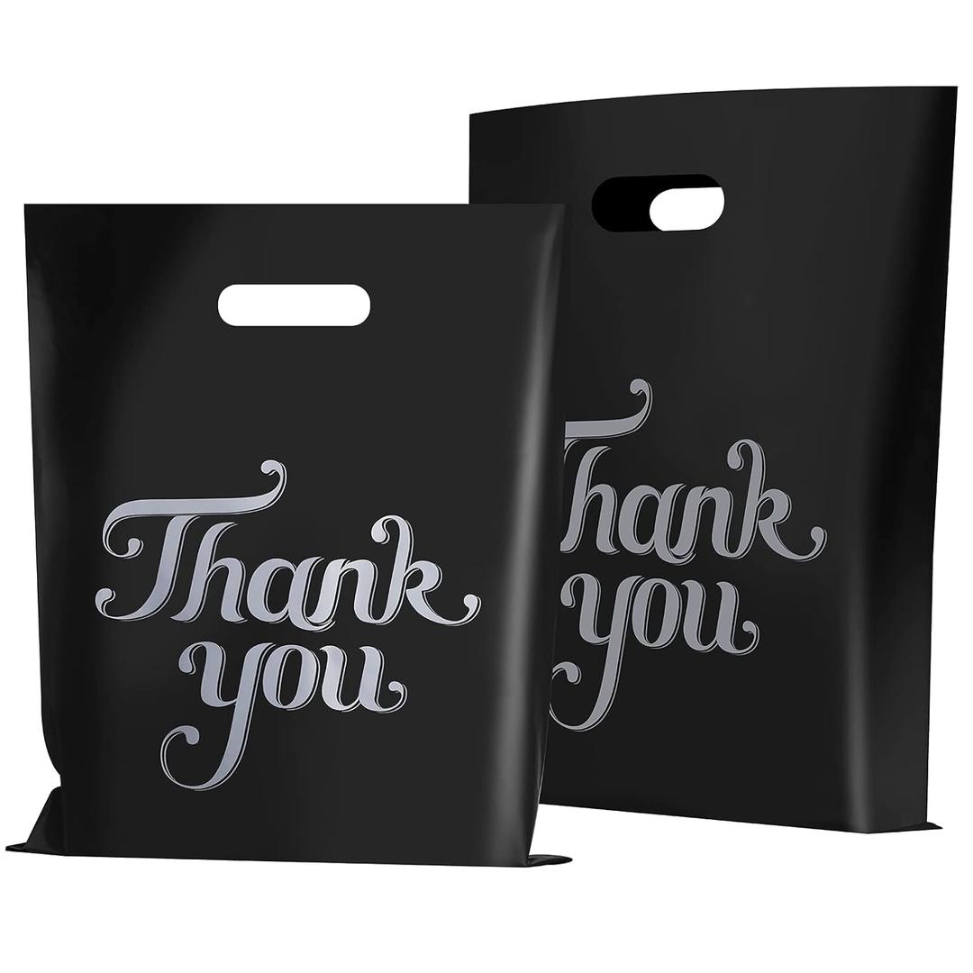FloraSea 100 Pcs Reusable Black 12x15 Thank You Bags - Merchandise, Party & Gift Bags with Handles