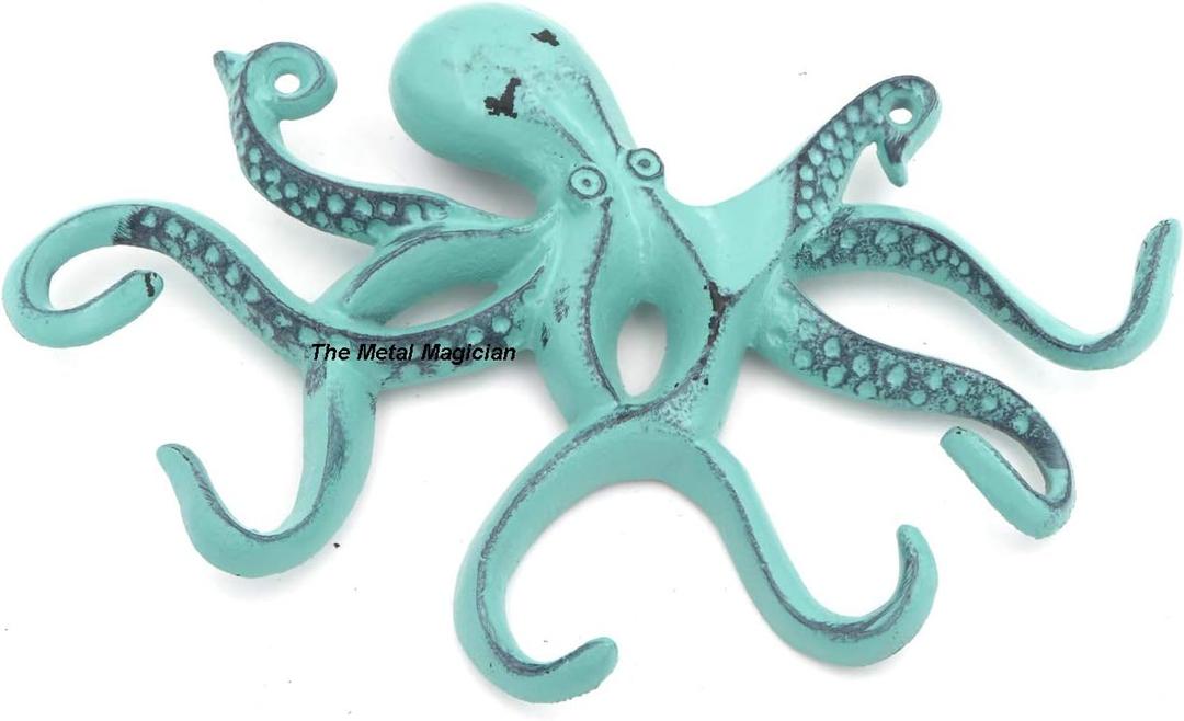 Octopus Keys Hook, Decorative Wall Mounted Nautical Wall Rack, Antique Key Holder Hook, Cast Aluminum Hanger for Coat, Hand Towel, Bathrobe, Jacket, Swimming, Kitchen & Balcony (Distressed Green)