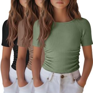 3 Pack Girls Short Sleeve Shirts Summer Slim Fit Crew Neck Tops Ribbed Knit Side Ruched Tees Basic Clothes for Kids (11-12 Years, Black, Mocha, Matcha Green)